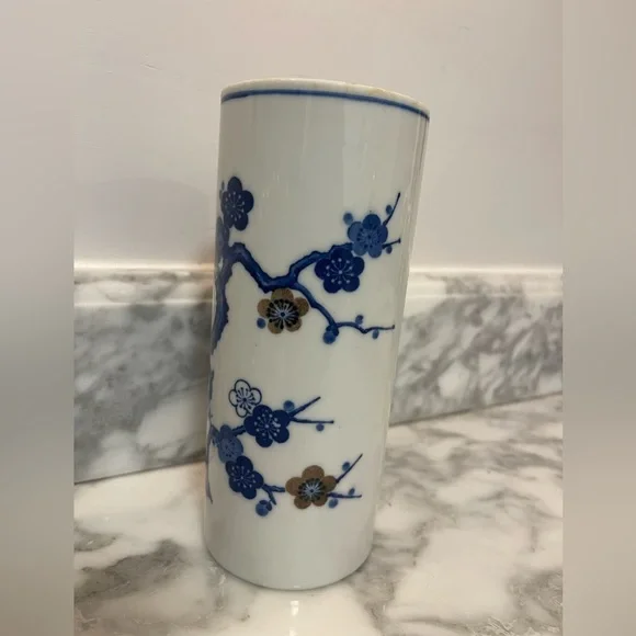 Chinese Porcelain Ceramic Blue White Plum Blossoms Vase Brush Pot 7” T